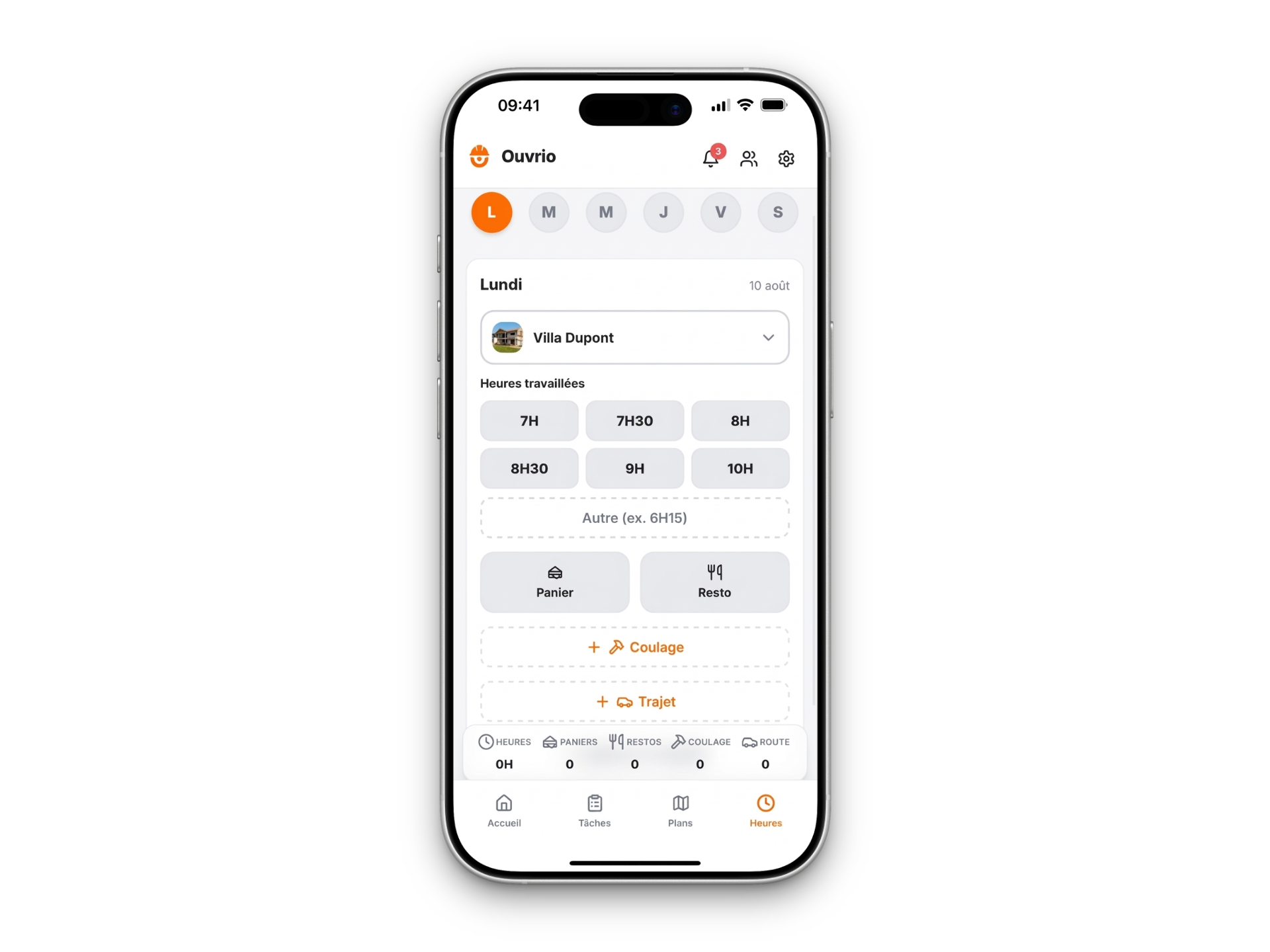 Ouvrio, fiches d'heures et export