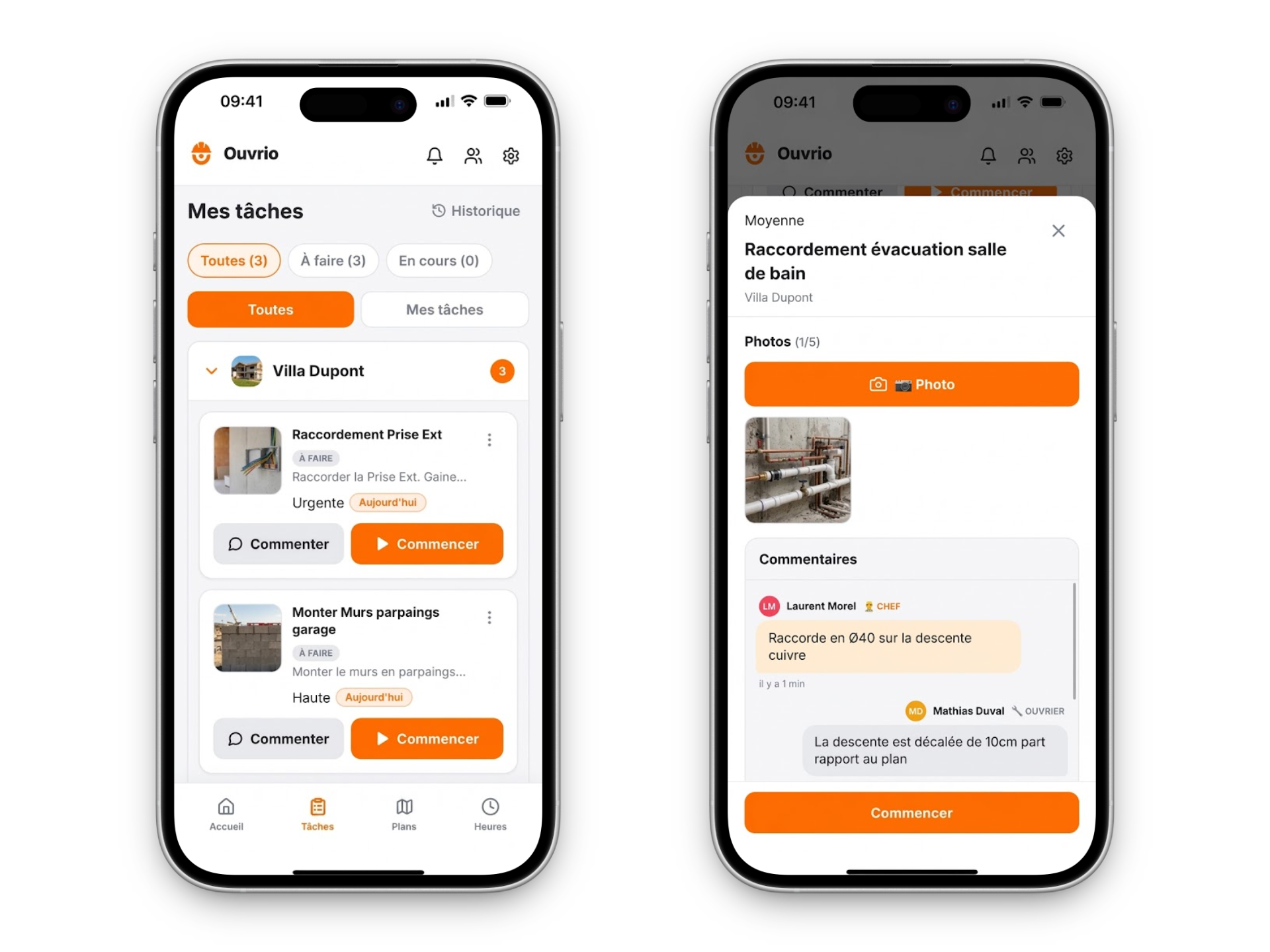 Ouvrio, liste des tâches et détail avec photos et commentaires